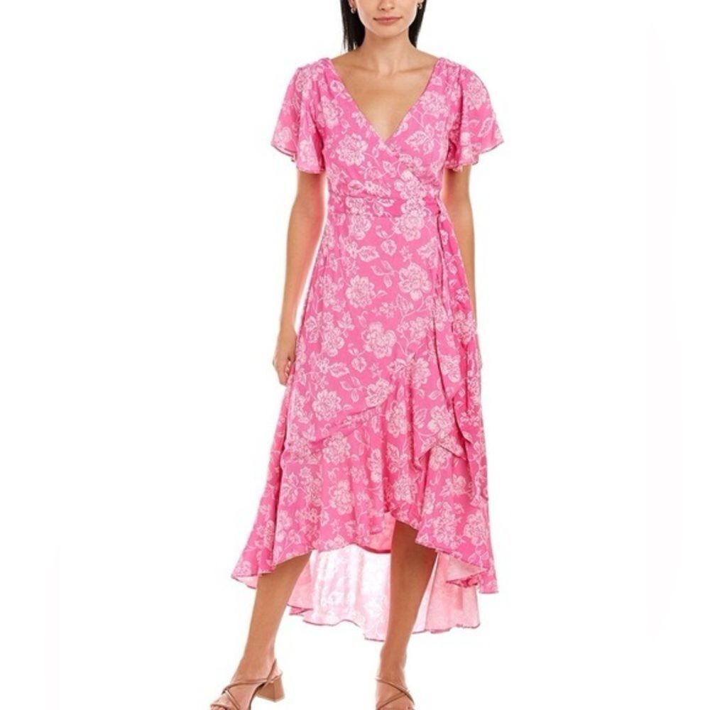 Celina Moon Ruffle Wrap Dress Pink Floral Girly Feminine Formal Barbie Medium